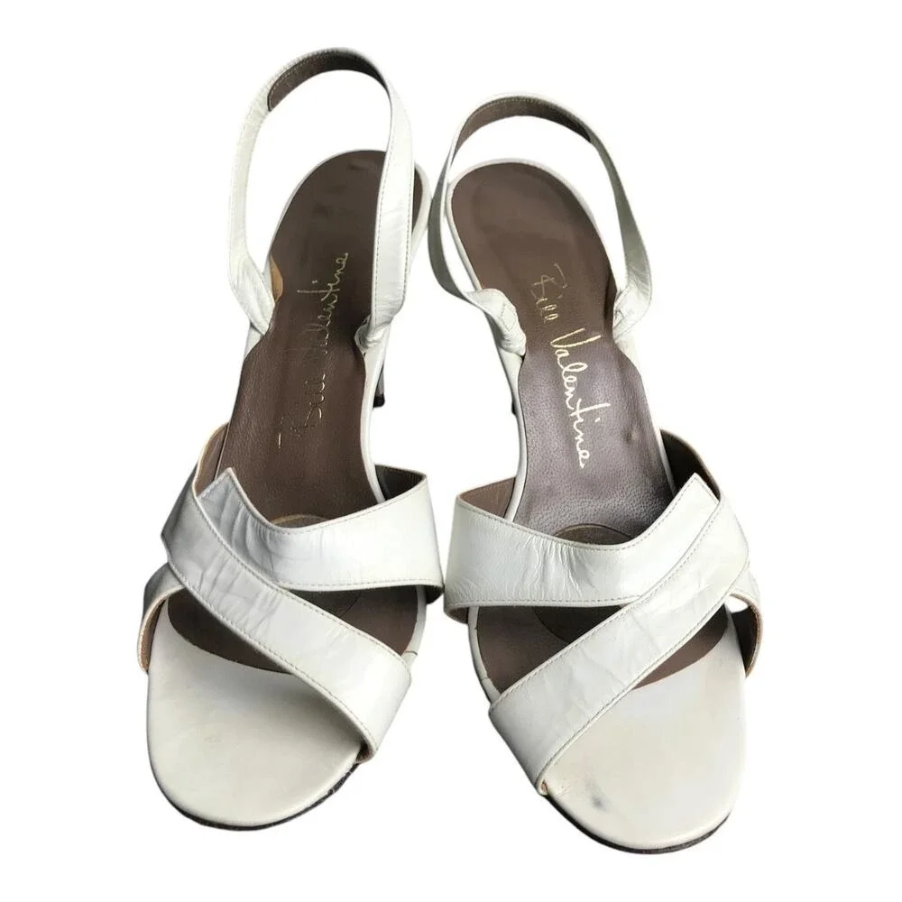 Bill Valentine Sandals Womens 7 White Leather Slingback Crisscross Stiletto Heel